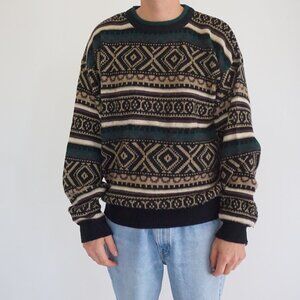 Trend Basics Black Tan Green Geometric Knit Crewneck Sweater XL Mens Style Knits
